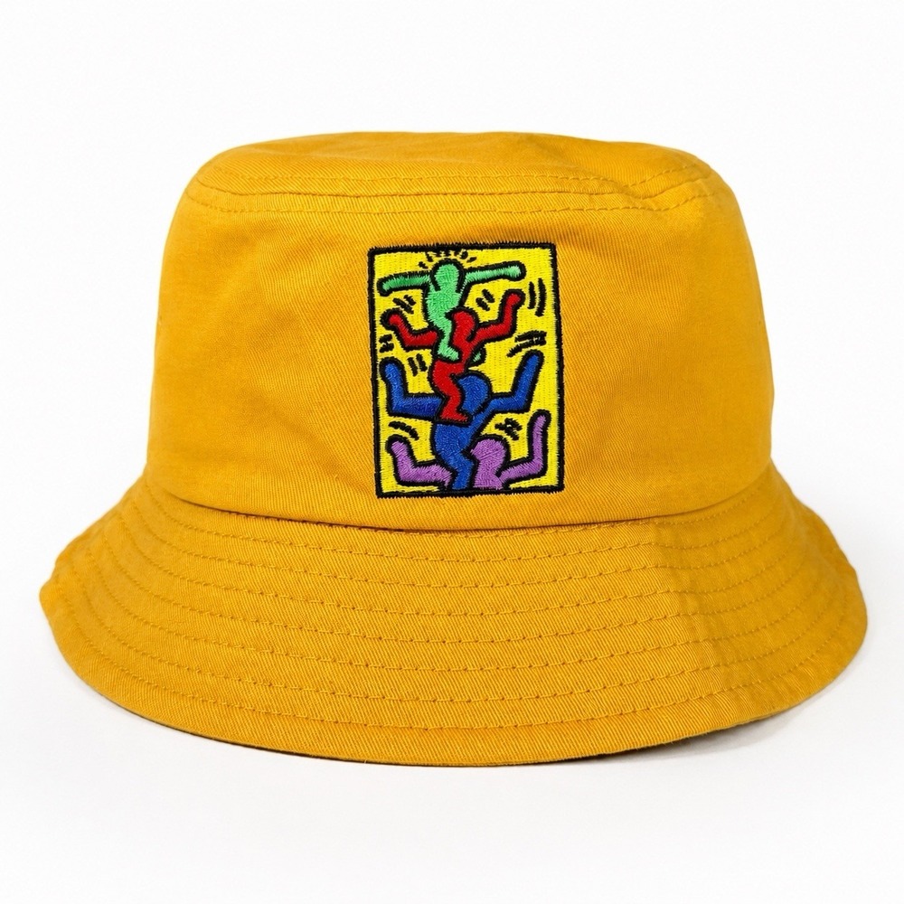 Keith Haring Bucket Hat Yellow Embroidered Dancing Pop Art Figures Streetwear